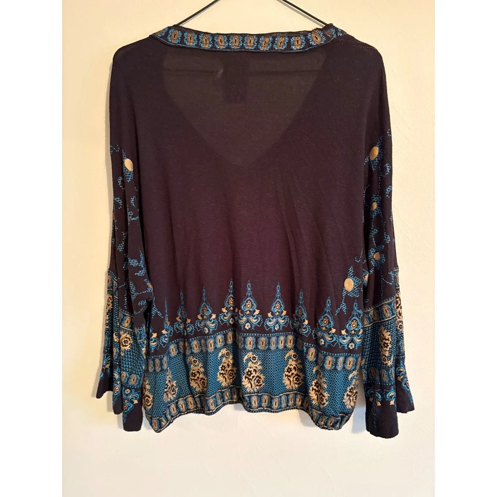 Free People Top XS Black Blue Paisley Dolman Sleeve Boho Festival Gypsy Indie